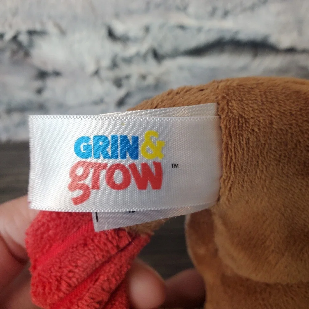 Grin & Grow‎ Plush Textured Brown And Red Teddy Bear Infant Rattle